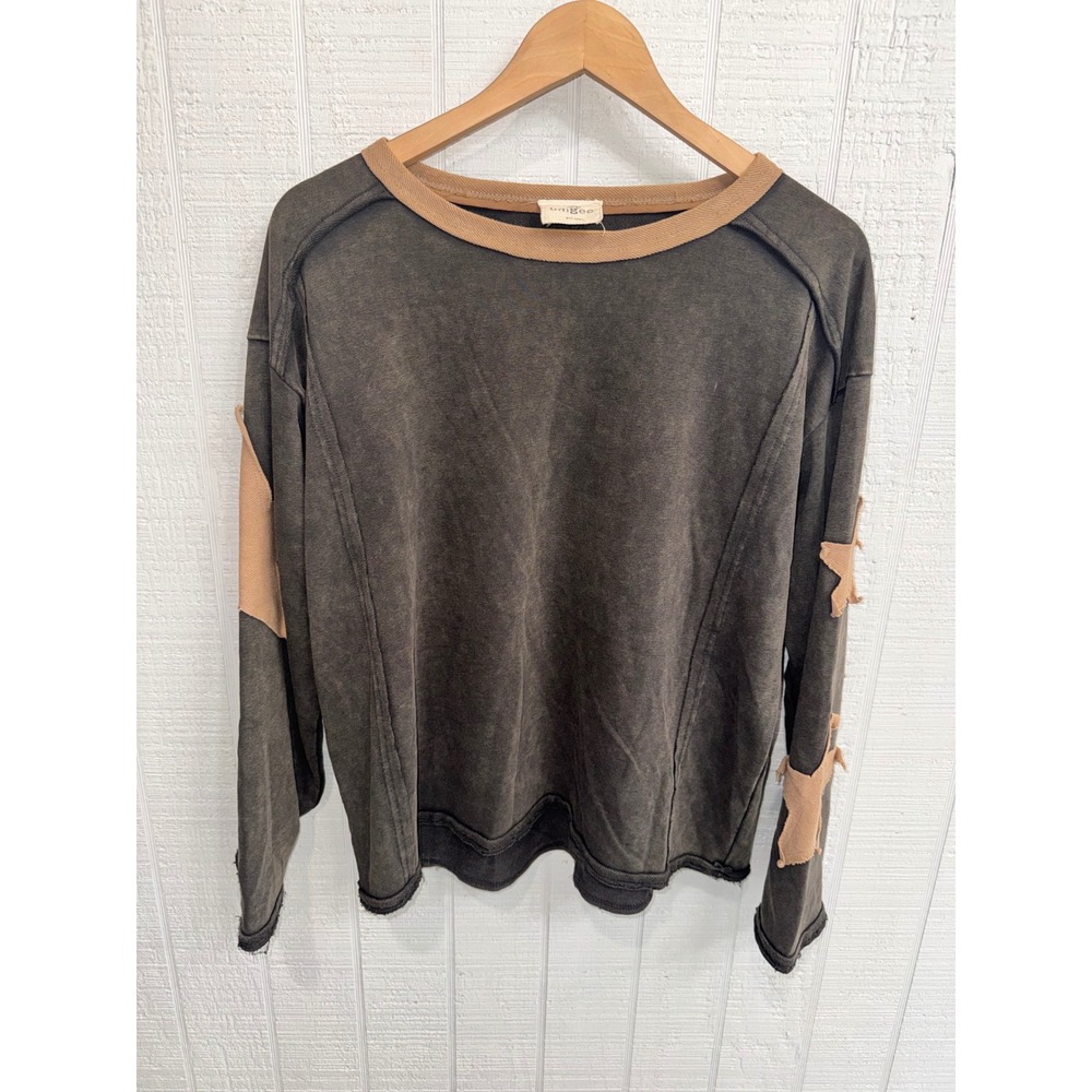 Umgee Star Patch Mineral Wash Top Womens Gray Long Sleeve Oversized Medium